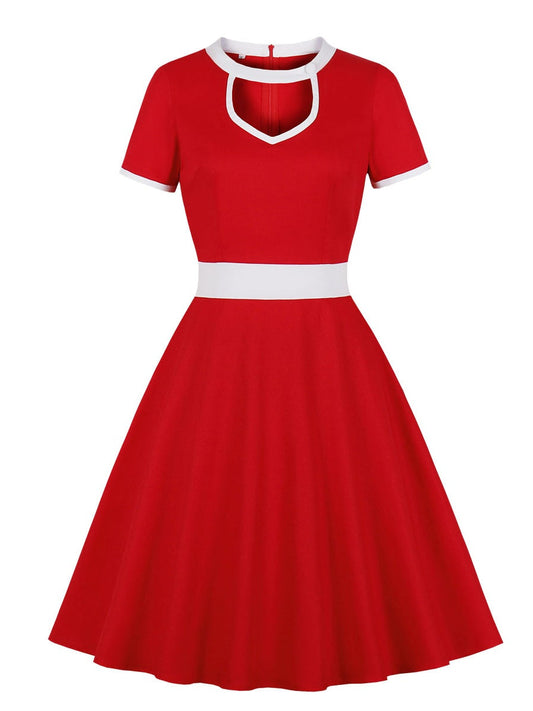 1950s Dress Vintage Color Block Patchwork Tie Waist Elegant Swing Dresses