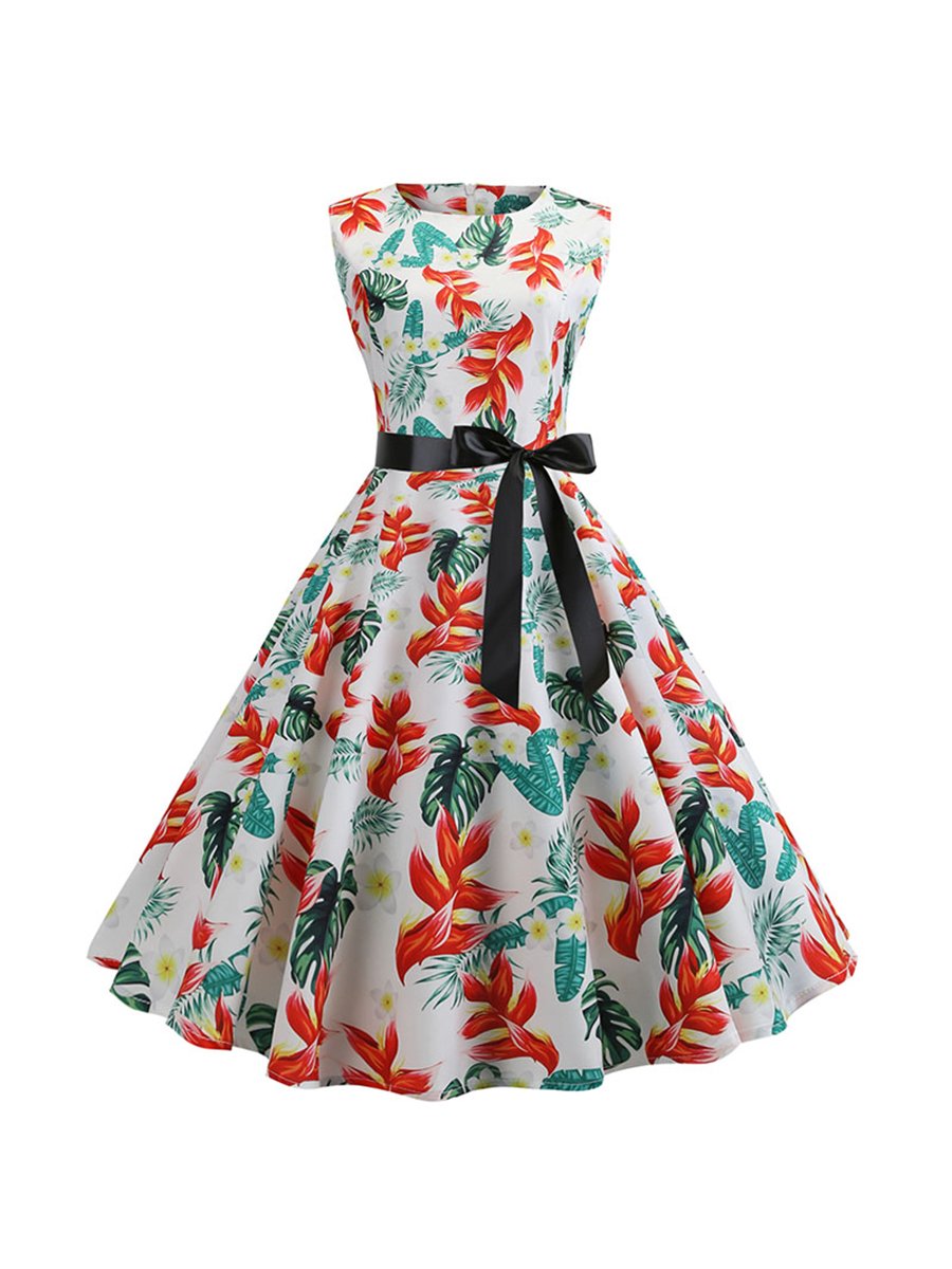 Womens Retro Vintage Dress Sleeveless High Waist Floral Print Dress