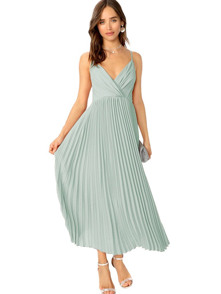 Womens Casual Dress V-neck Pleated Spaghetti Strap Long Dress