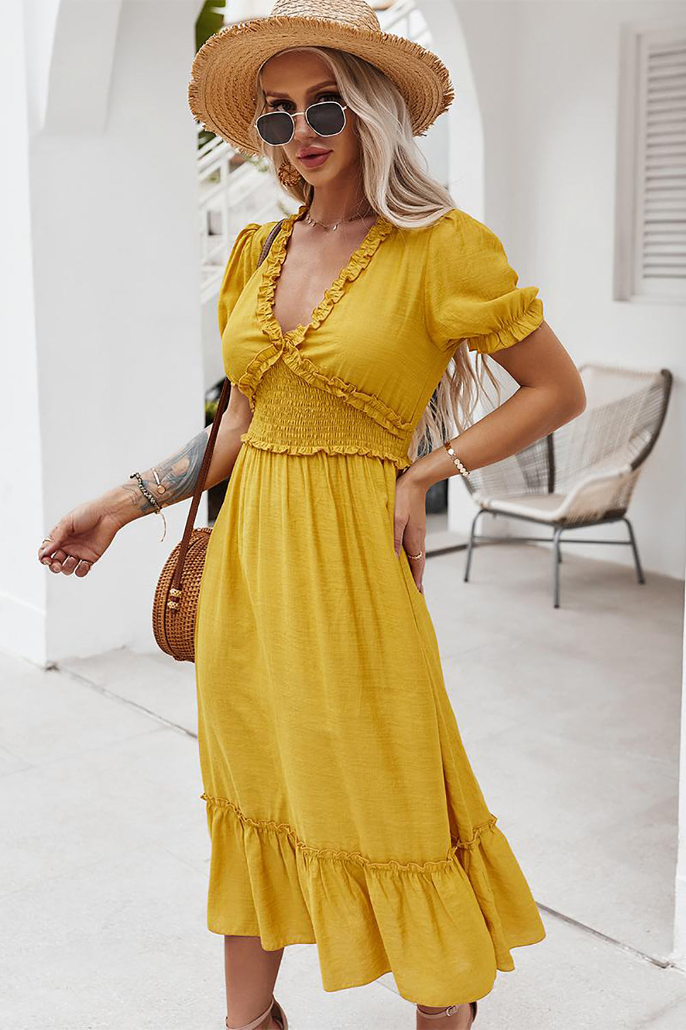 Yellow Maxi V Neck Boho Summer Dress