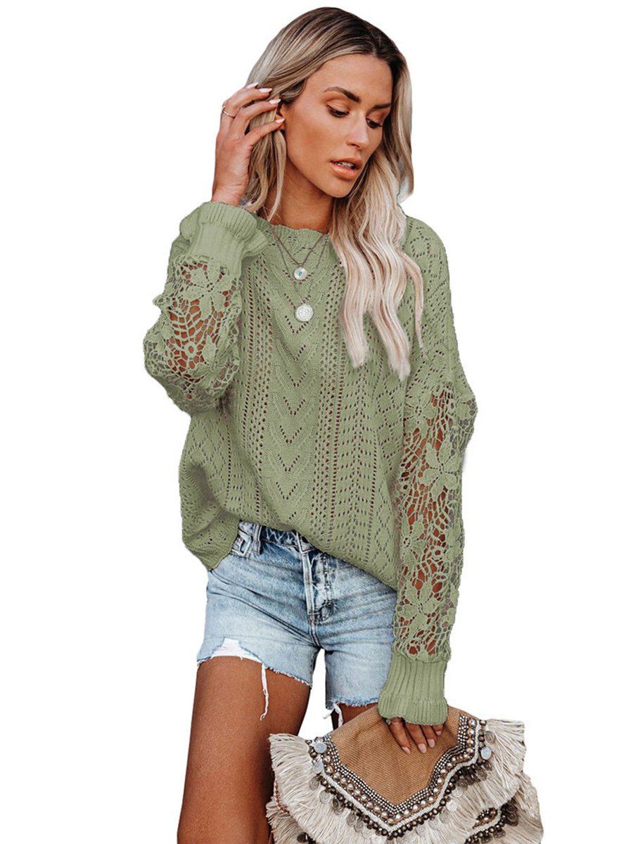 Women's Sweaters Floral Hollow Round Neck Long Sleeve Pullover Sweaters