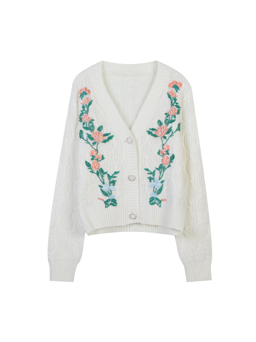 Women's Sweater Cardigans Flower Embroidery Loose V-neck Short Knitted Cardigans