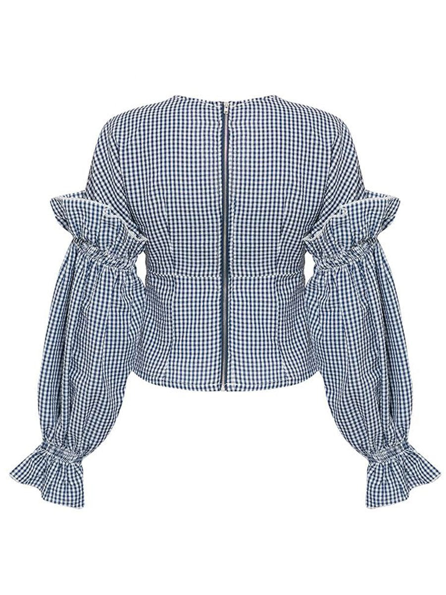 Womens Top Sexy V-neck Plaid Ruffled Puff Sleeve Blouse