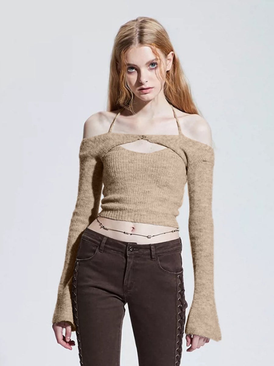 Y2k Two Piece Outfit Halter Neck Shirt Long Sleeve Knitted Top