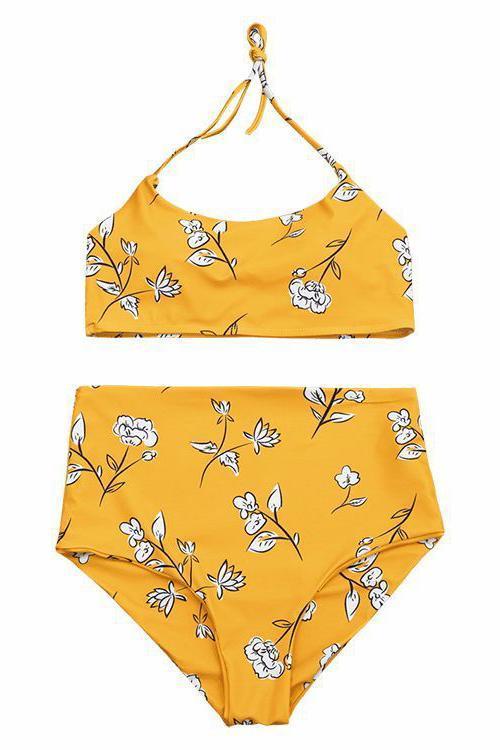 Yellow Slimming Control Floral Print Halter High Waisted Sexy Bikini Swimsuit