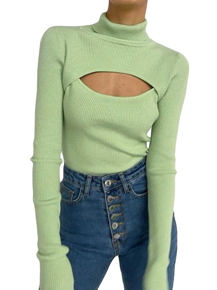 Women's Turtleneck Hollow Out Long Sleeve Knitted Cutout Tops