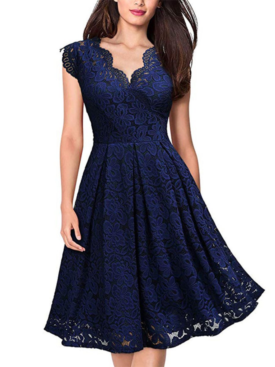 Women's Vintage Dress Plus Size Lace V-neck Sleeveless A-line Swing Dress