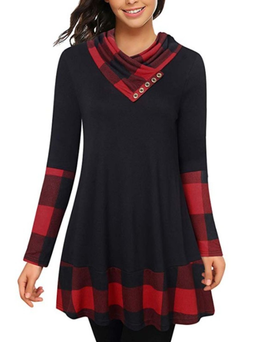 Women's Sweatshirts Plaid Printed Stacked Collar Long Sleeve Plus Size Tops