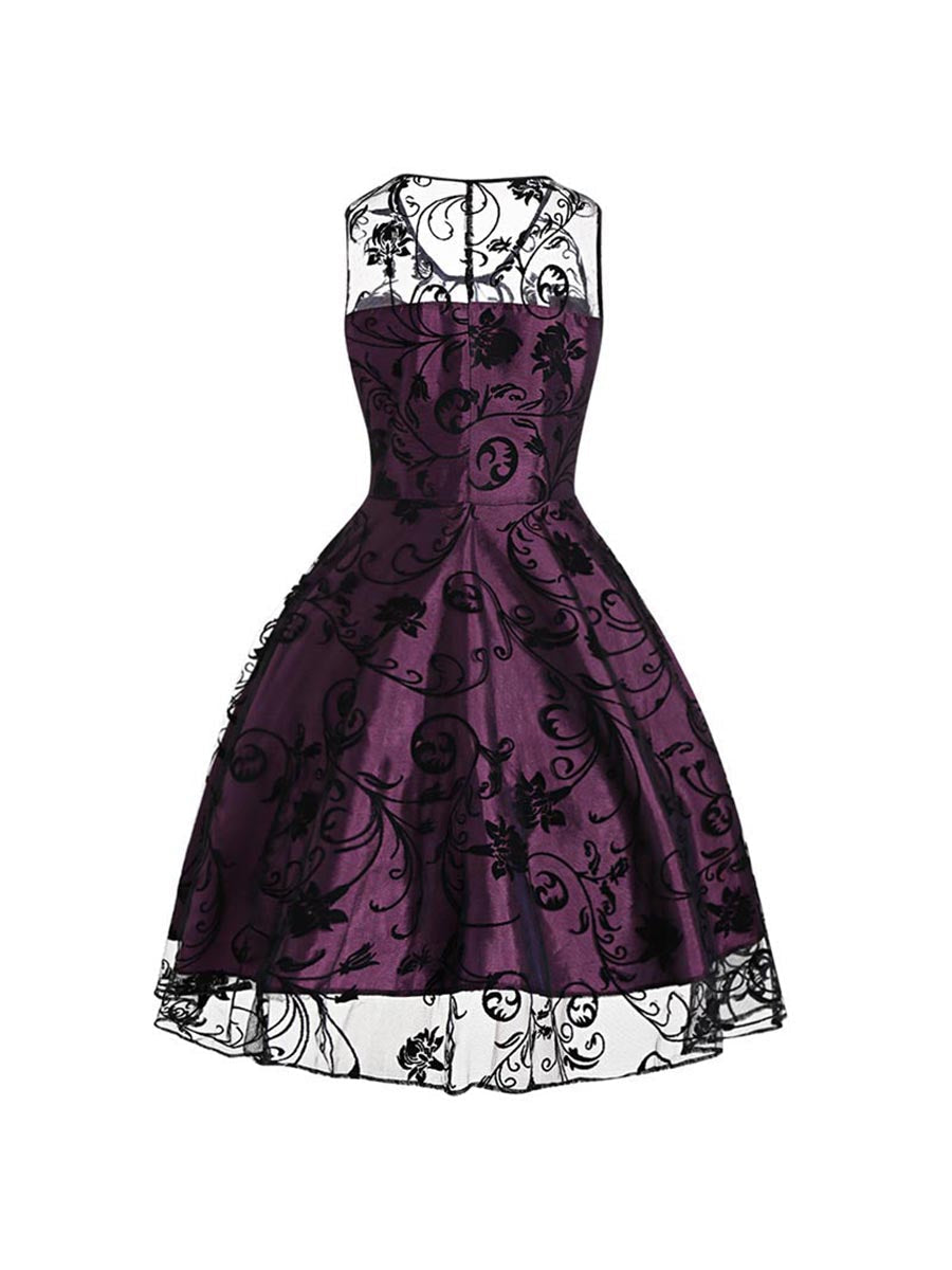 1950s Style Sleeveless Swing Dress Lace Flower Print A-line Dress