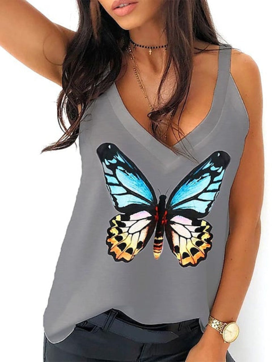 Women's Vests V-neck Strap Butterfly Print Casual Loose Tank Tops