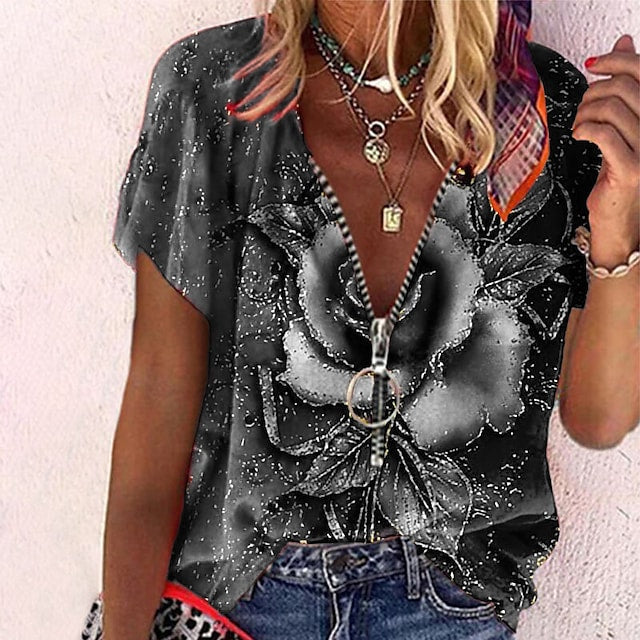 Women's T-shirts Floral Print Zipper V-neck Loose Sleeve Plus Size Tops