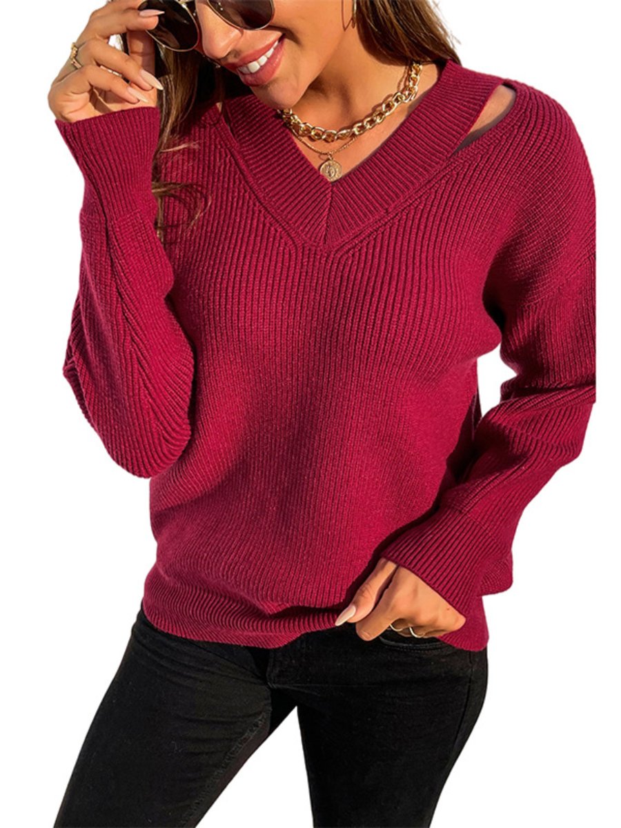 Women's Sweater Loose V-neck Hollow Solid Color Short Knitted Sweater