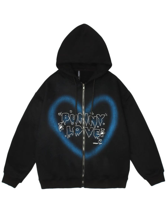 Y2k Zip Up Hoodie Graffiti Heart Letter Floral Fleece Sweatshirt