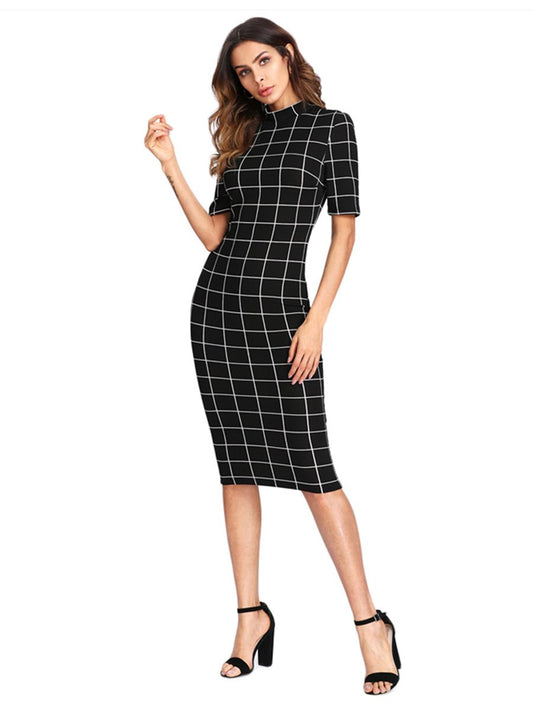 1960s Dress Elegant Plaid Short Sleeve Midi Pencil Dress