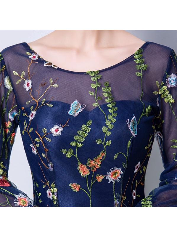 Womens Formal Dress Flowers Embroidery Long Sleeve Evening Dress