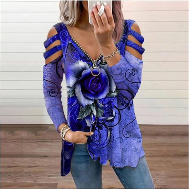 Women's T-shirts V-Neck Zipper Hollow Long Sleeve Flower Print Loose Top