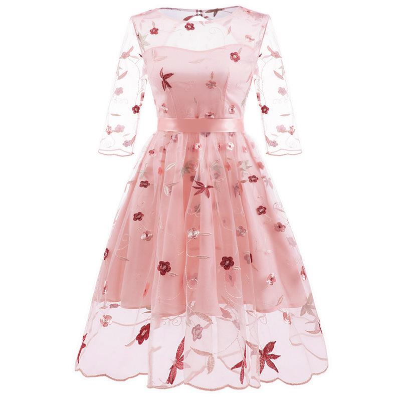 Women's Tea Dress Flower Embroidered 1950s Rockabilly Lace Swing Dress