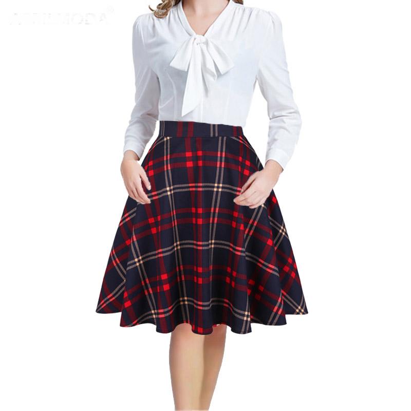 Womens 60s Midi Skirts Checkered High Waist Pin up Hepburn Retro Vintage Swing Skirts