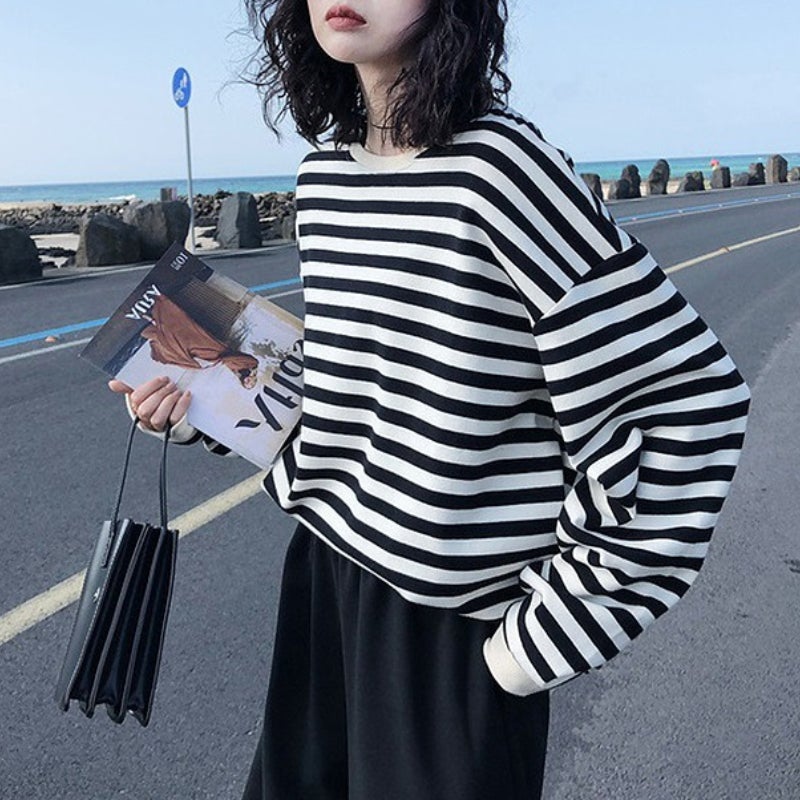 Women's Sweatshirts Round Neck Striped Long Sleeve Loose Casual Sweatshirt