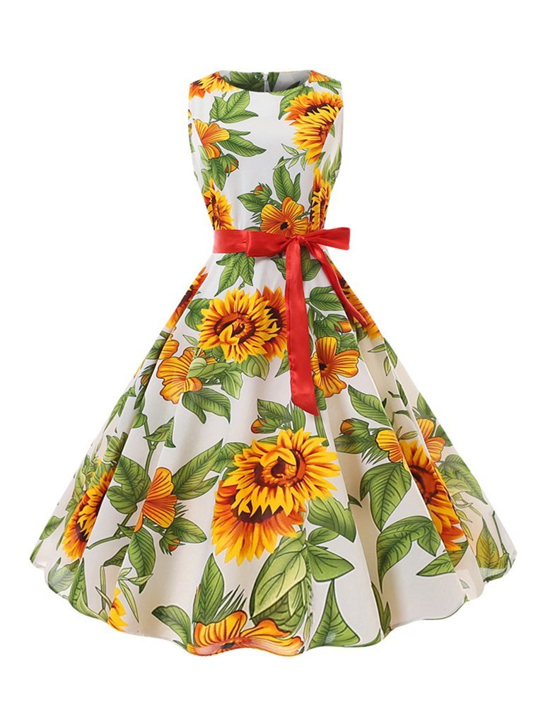 1950s Dress Sunflower Print Elegant A-Line Dresses