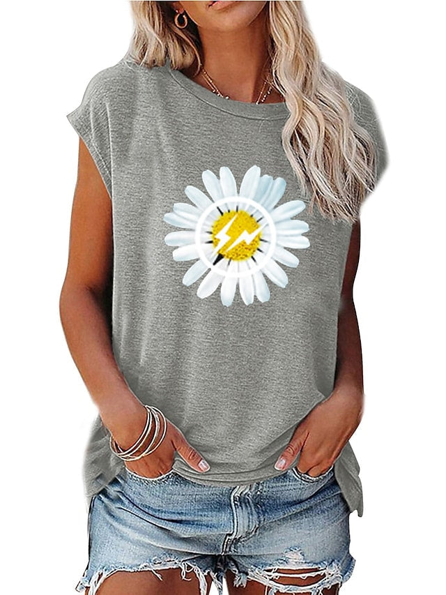 Women's T-shirts Round Neck Floral Painting Short Sleeve Casual Tops