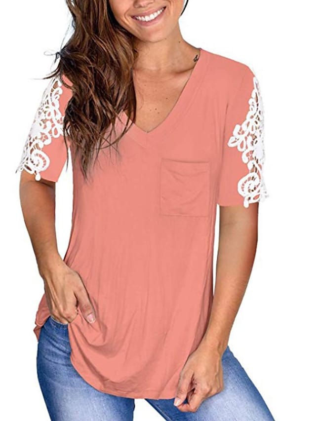 Women's T-shirts Lace Patchwork Sleeve V-neck Pocket Casual Pullover Tops