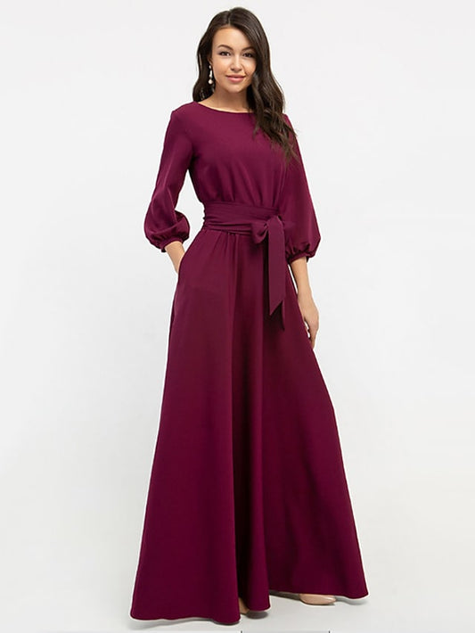 Women's Swing Dress Round Neck Lantern Sleeve Lace Up Pocket Maxi Dress