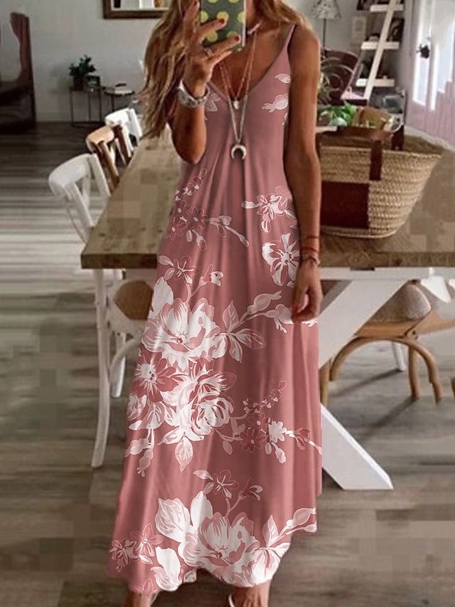 Women's Spaghetti Stap Dress V-neck Floral Print Casual Maxi Dress