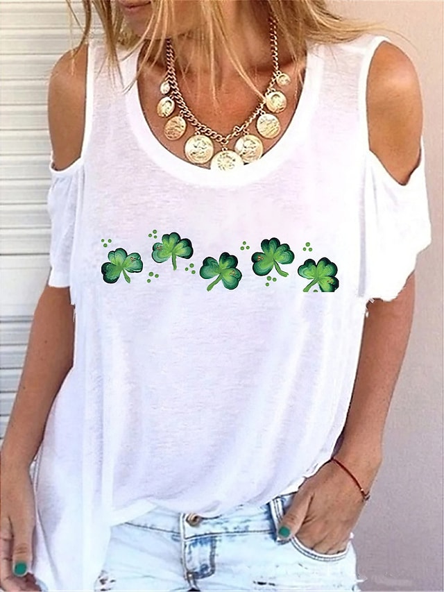 Women's T-shirts Four-leaf Clover Print Off Shoulder Round Neck Casual Tops