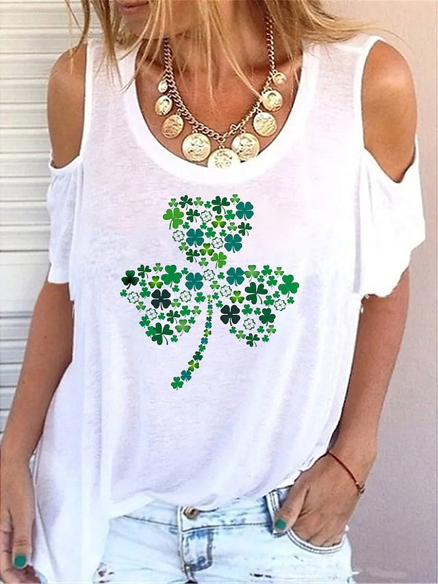 Women's T-shirts Four-leaf Clover Print Off Shoulder Round Neck Casual Tops