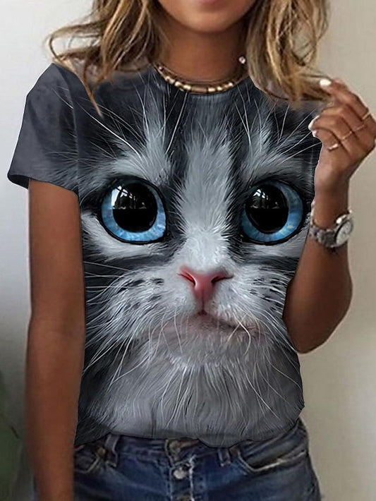 Women's T-shirts 3D Cat Print Round Neck Short Sleeve Pullover Tops