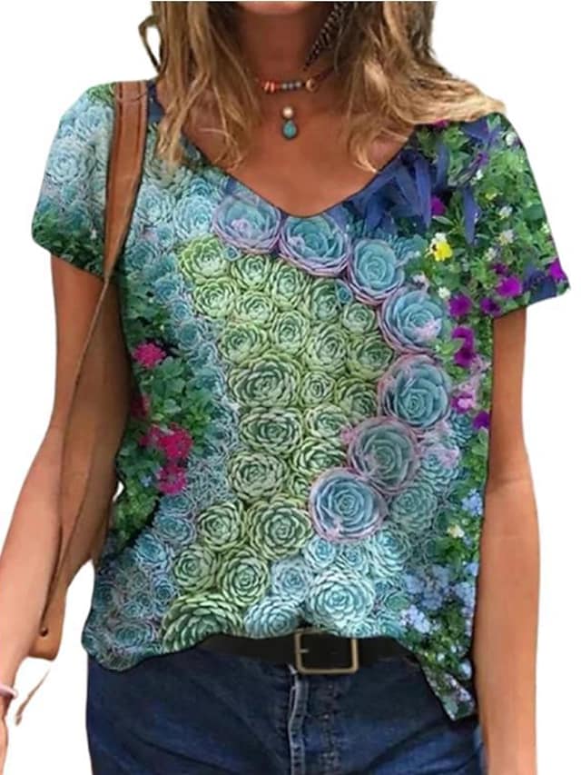 Women's T-shirts Floral Abstract Printed V-neck Short Sleeve Loose Tops