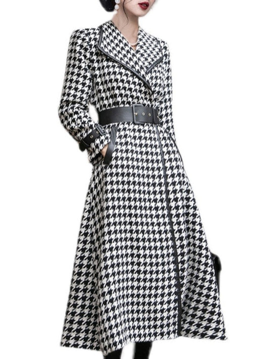 Women's Wool Coat Houndstooth Lapel Belt Buckle Long Winter Coats