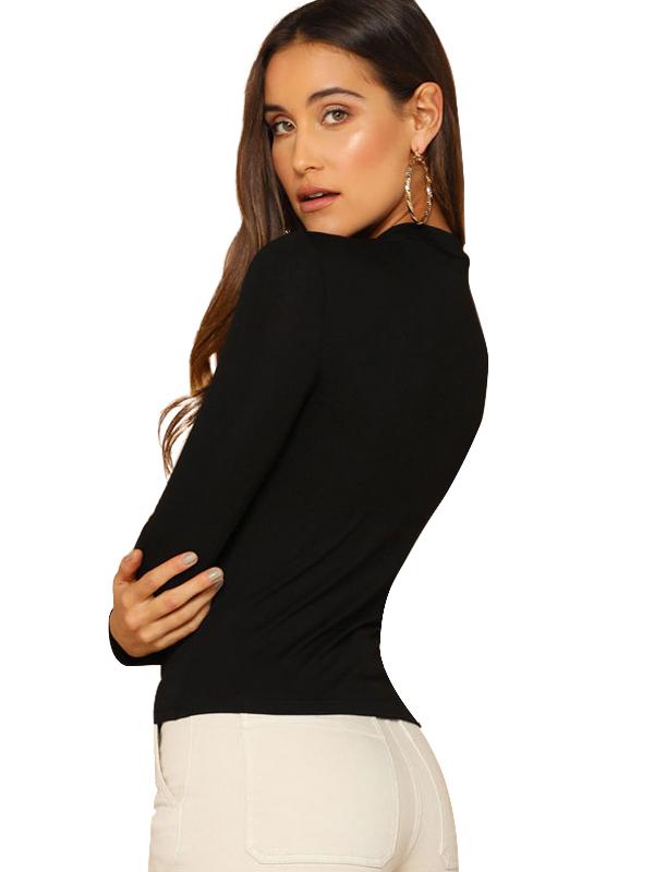 Womens T-shirt  Black Shape Slim Fit Stand Collar Long Sleeve Top