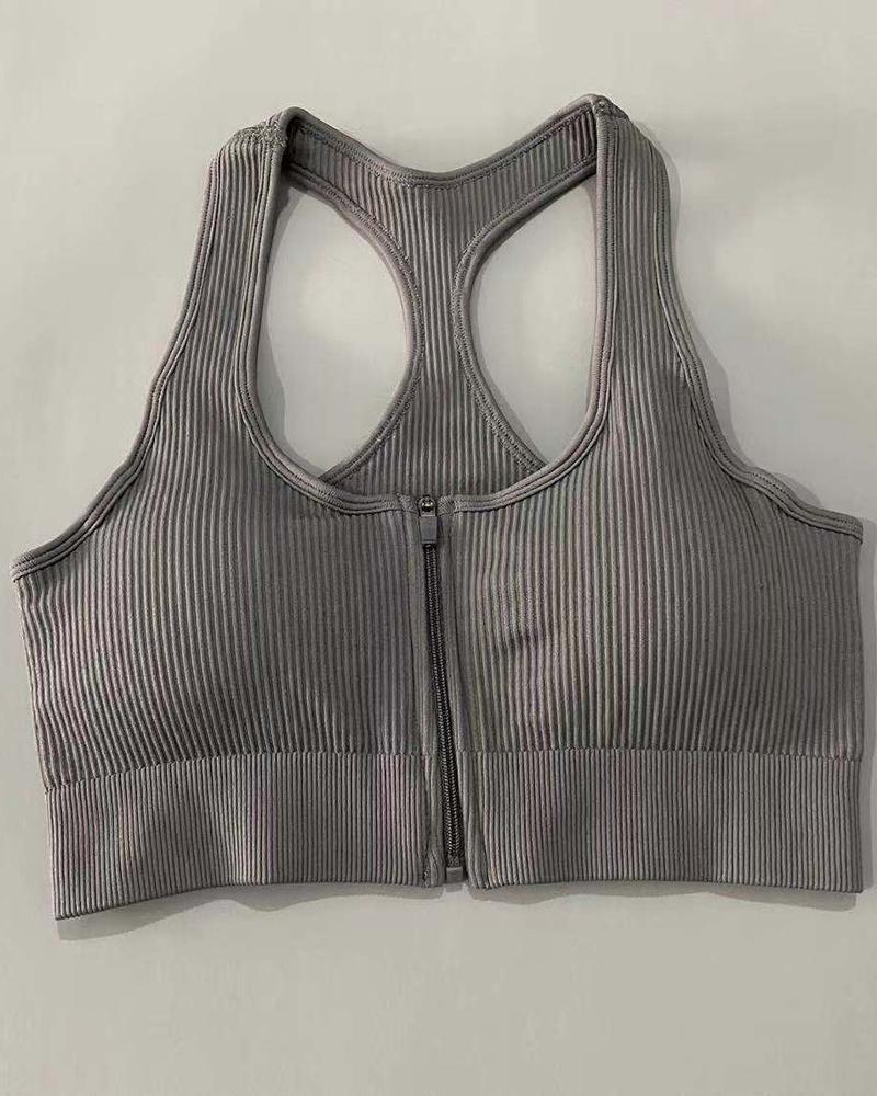 Zip Up Front Ribbed Racer Back Sports Bra