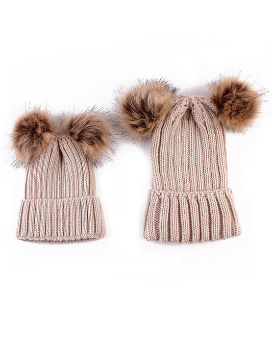 Woollen Hats Solid Color Parent-child Double Wool Ball Elasticity Knitted Hat