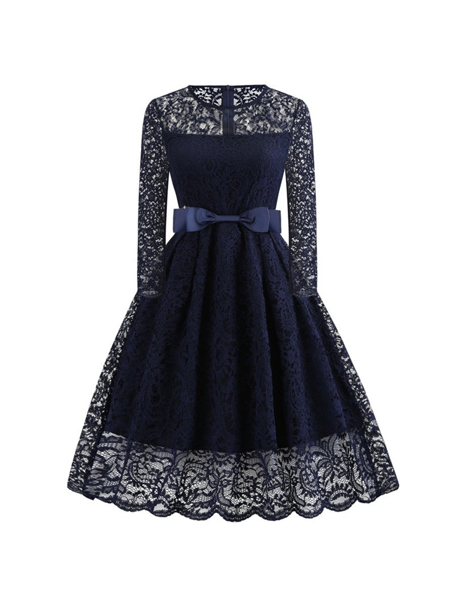 Womens Lace Dress Long Sleeve Belt Evening Dress