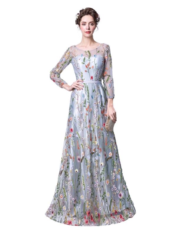 Womens Formal Dress Flowers Embroidery Long Sleeve Evening Dress