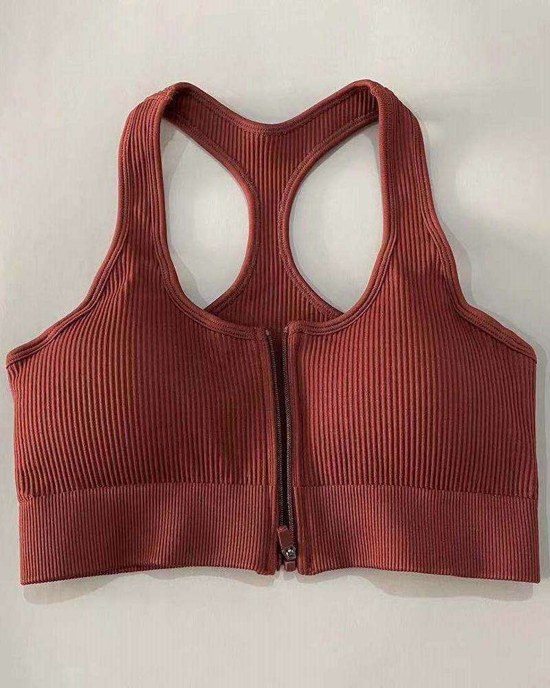 Zip Up Front Ribbed Racer Back Sports Bra