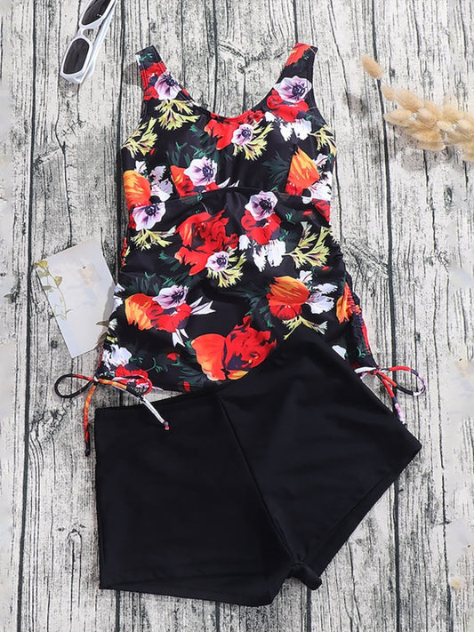 Women's Swimwear Floral Print Open Back Scoop Neck Tankini Two Piece Swimsuit