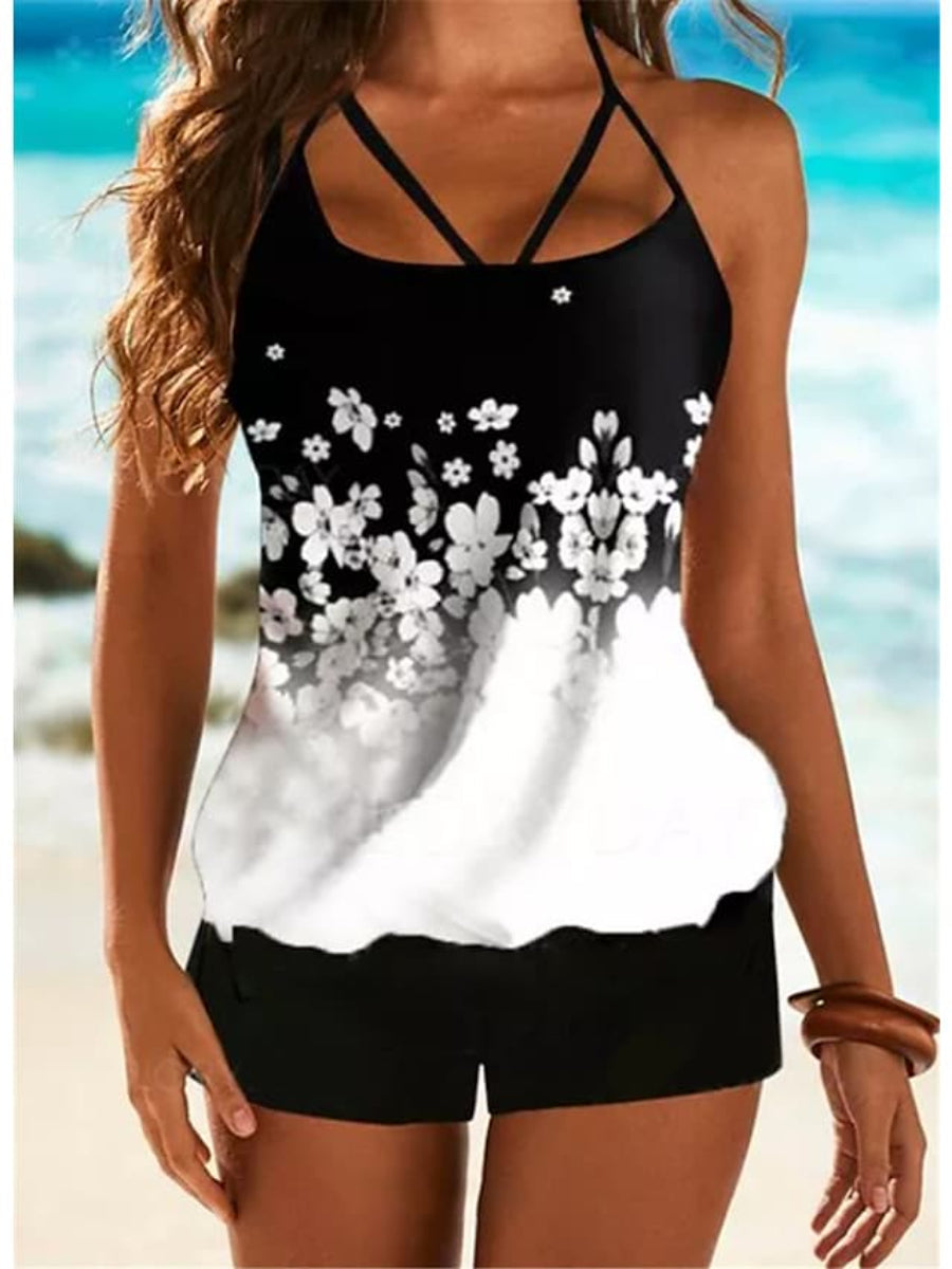 Women's Swimwear Plus Size Open Back Flower Print Camisole Strap Swimsuit