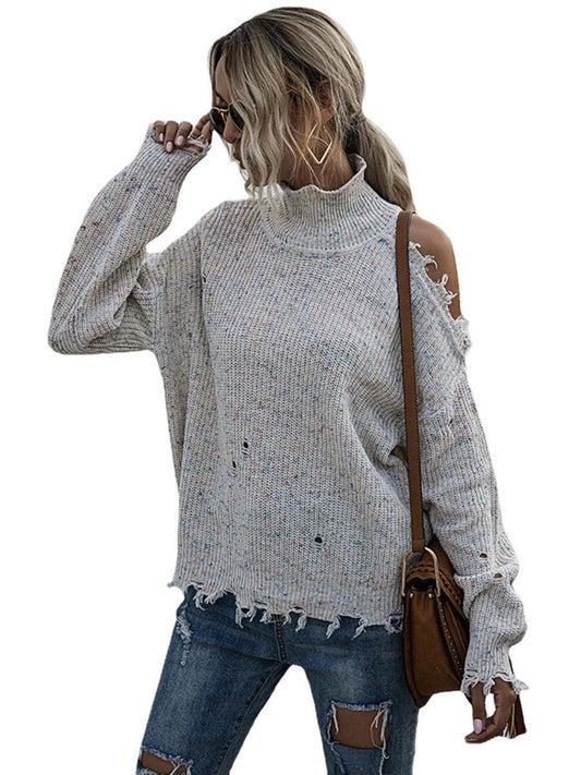 Women's Turtleneck Sweater Cutout Hole Ripped Knitted Sweater