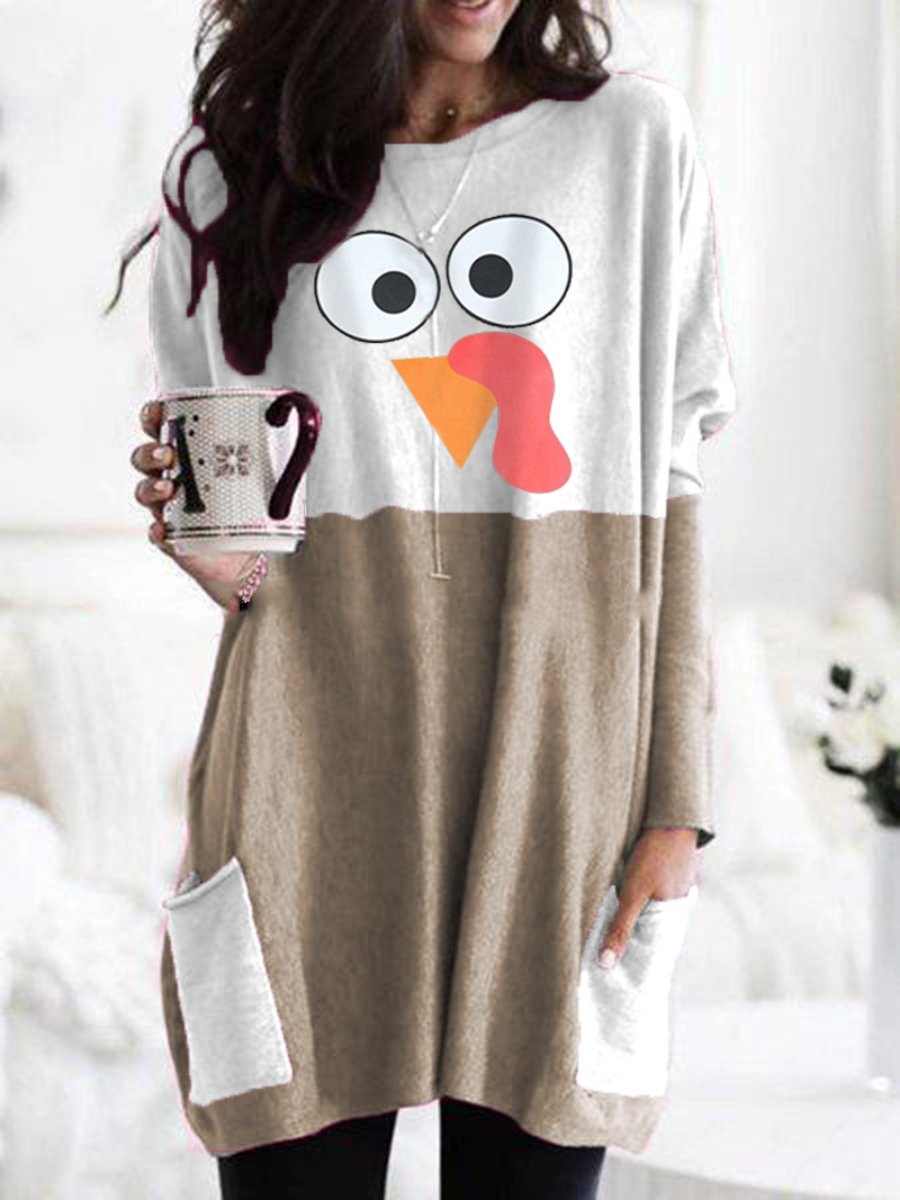 Women's T-shirts Thanksgiving Turkey Print Long Sleeve Pockets Casual Tops