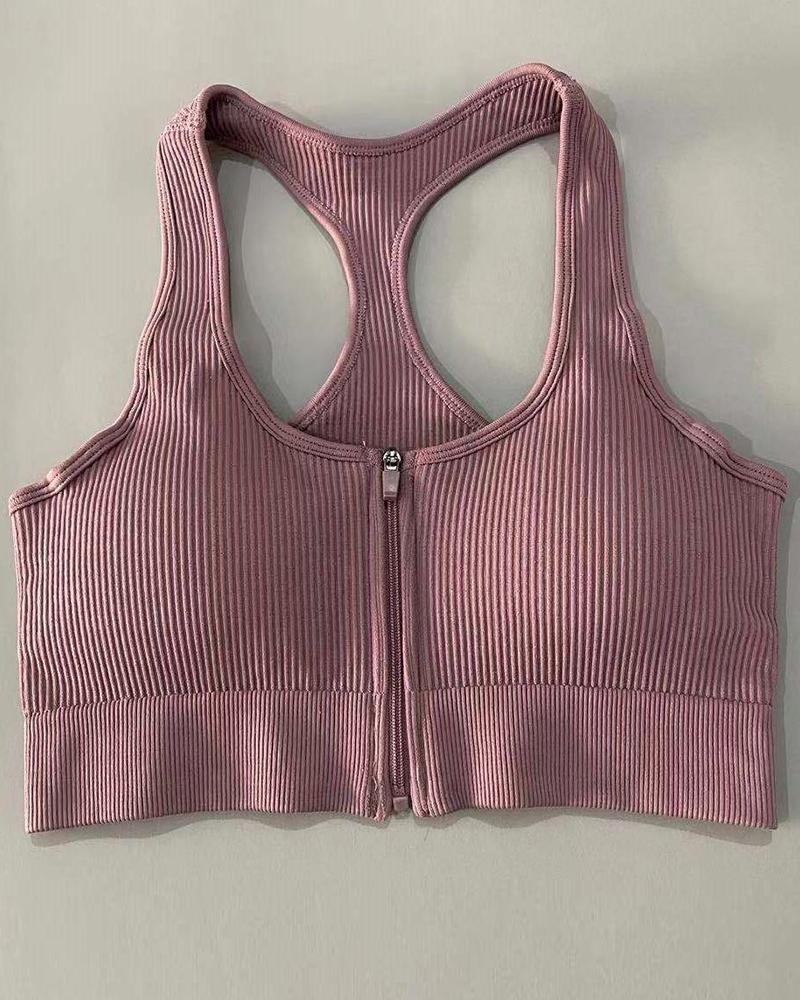 Zip Up Front Ribbed Racer Back Sports Bra