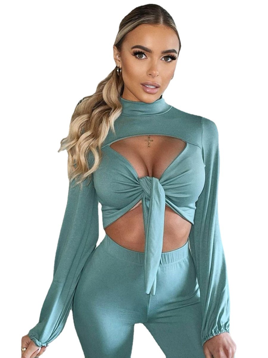 Women's Tracksuits Bowknot Wrap Hollow Out Solid Color Top Pants