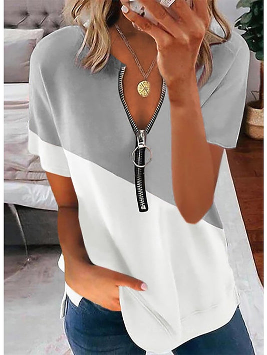 Women's T-shirts Color Block Patchwork Zipper V-neck Streetwear Casual Tops