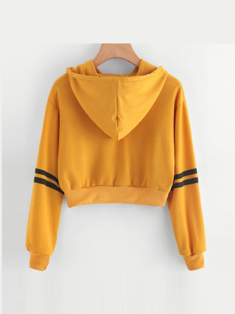 Womens Hoodie Varsity-Striped Drawstring Crop Pullover