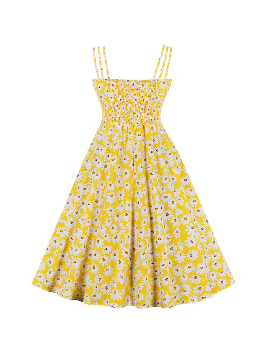 1950s Style Fashion Strap Sling Floral Dresses Sexy Little Daisy Print Dress