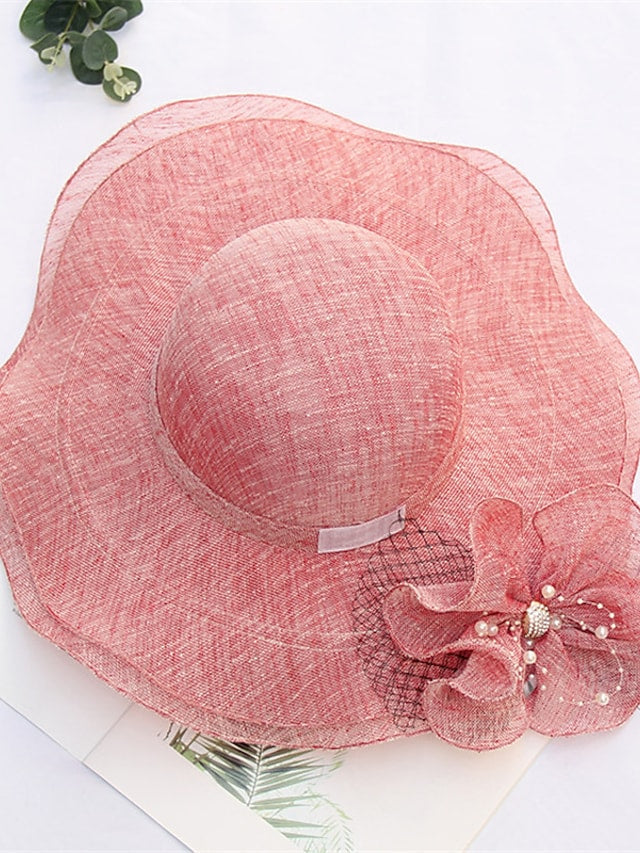 Women's Stylish Bucket Hat Mesh Flower Large Wave Brim Dome Sun Shade Hat