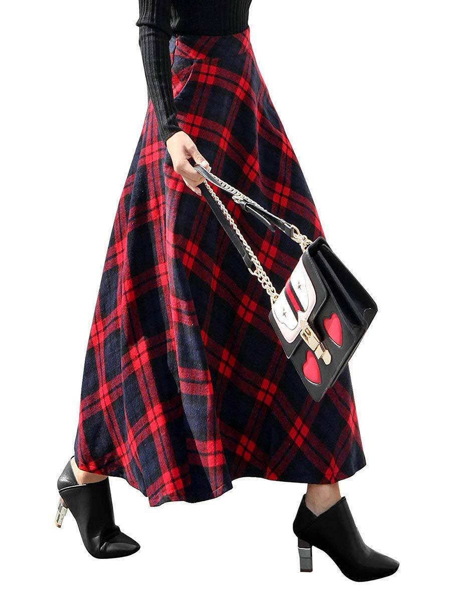 Womens Skirt High Elastic Plaid A-line Ankle-Length Skirt